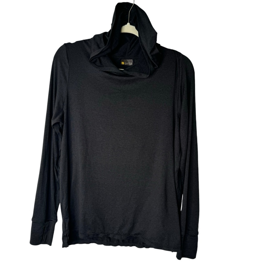 Zella Hooded Long Sleeve Top with Thumb Holes Charcoal Black Medium